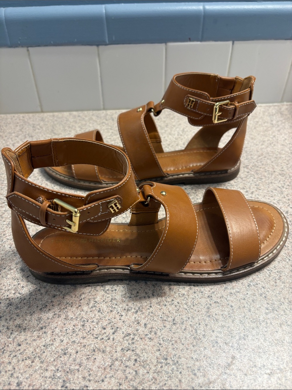 Tommy Hilfiger Cognac Brown Strappy Ankle Buckle Sandals